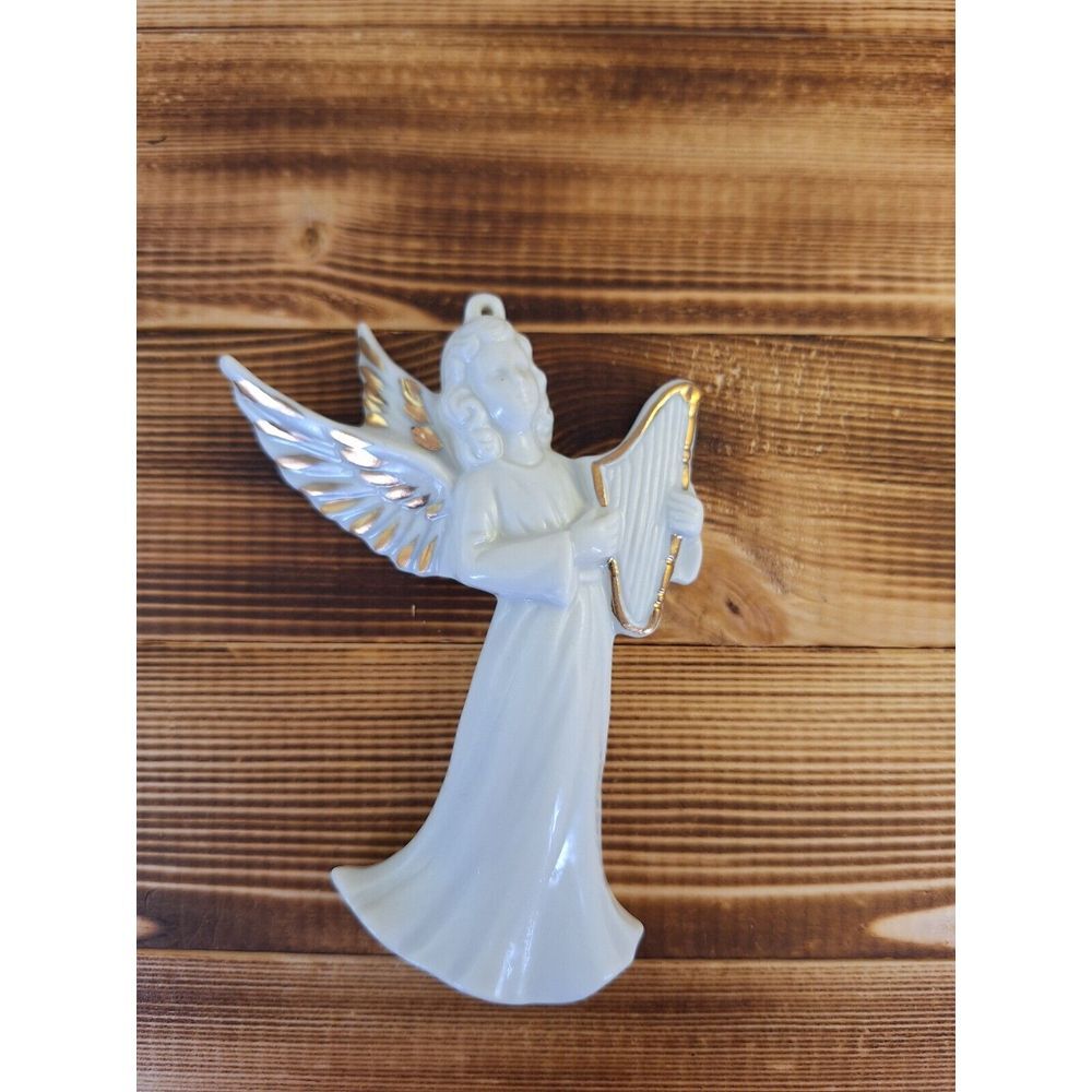 Vintage Enesco angel with‎ Harp E-9032 gold Flat Back christmas Ornament Hanging